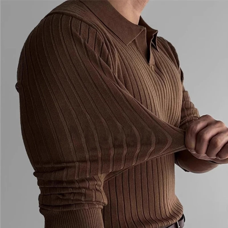 Men's Long-Sleeve Ribbed Knit Polo With Open V Neck - Colour options