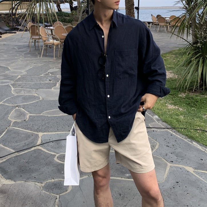 Men's Long-Sleeve Shirt With Point Collar And Plain Front - Navy