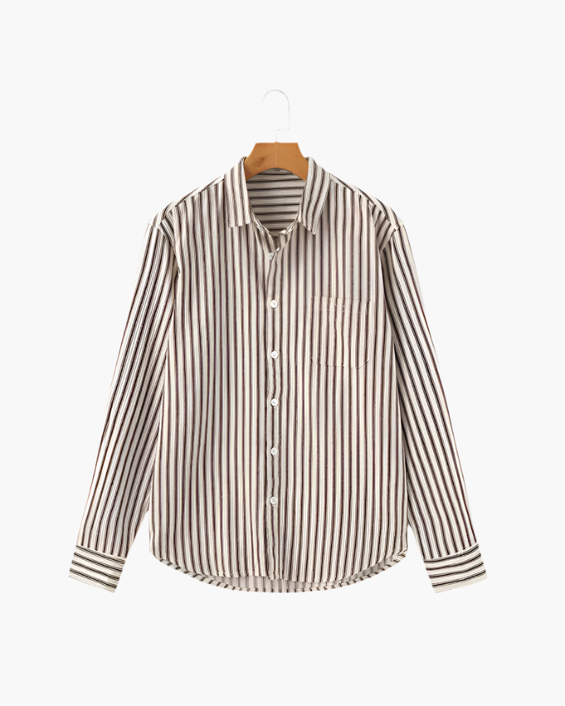 Men's Long-Sleeve Striped Shirt With Chest Pocket - Brown