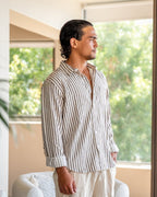 Men's Long-Sleeve Striped Shirt With Chest Pocket - Brown