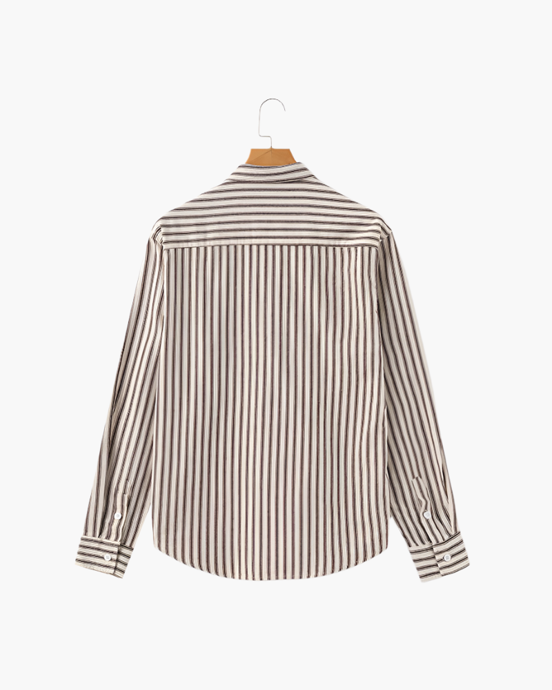 Men's Long-Sleeve Striped Shirt With Chest Pocket - Brown