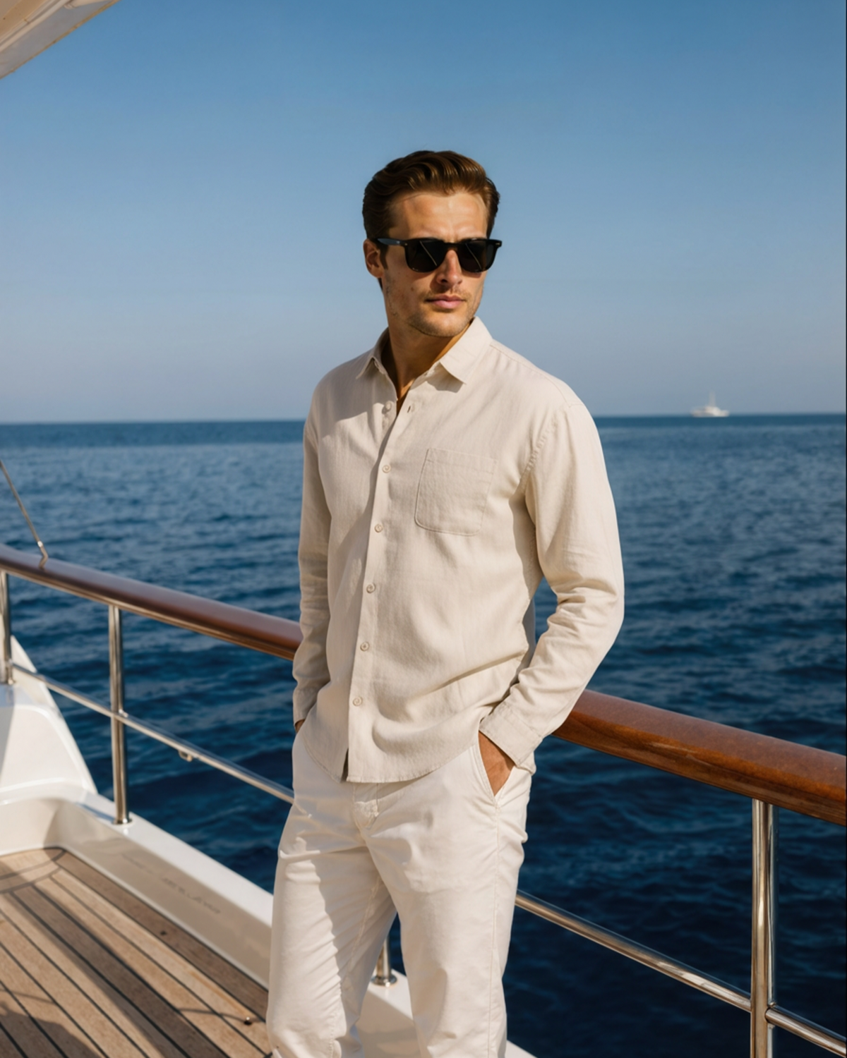 Men's Long-Sleeved Button Shirt With Single Chest Pocket - Beige