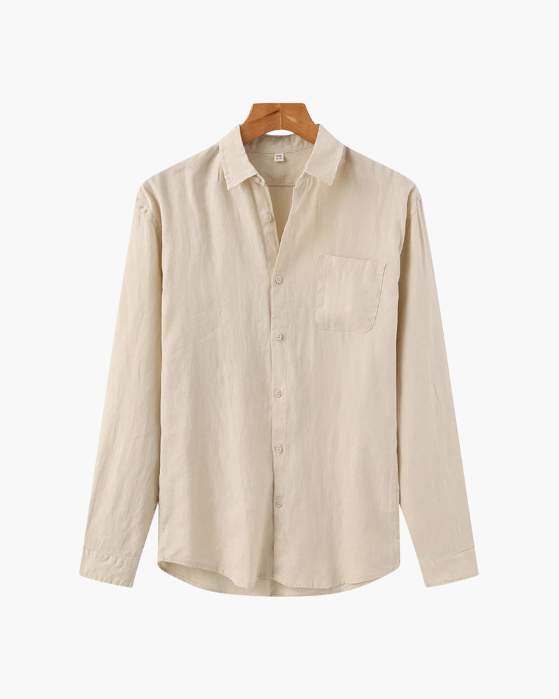 Men's Long-Sleeved Button Shirt With Single Chest Pocket - Beige