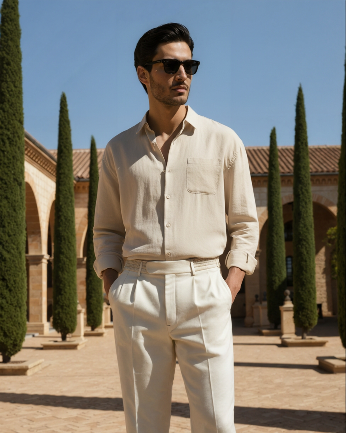 Men's Long-Sleeved Button Shirt With Single Chest Pocket - Beige