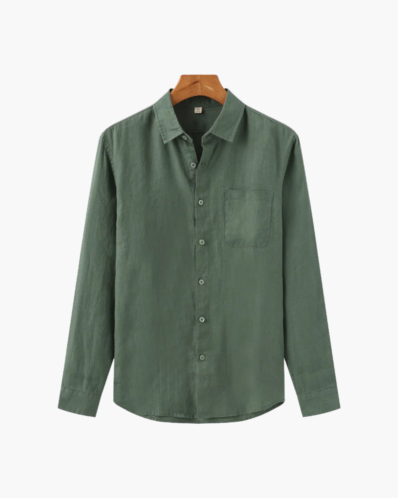 Men's Long-Sleeved Button Shirt With Single Chest Pocket - Green