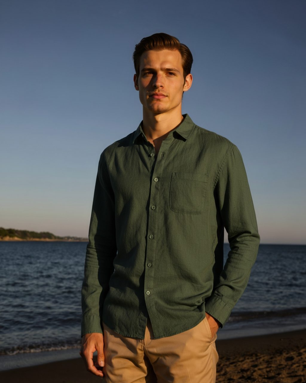 Men's Long-Sleeved Button Shirt With Single Chest Pocket - Green