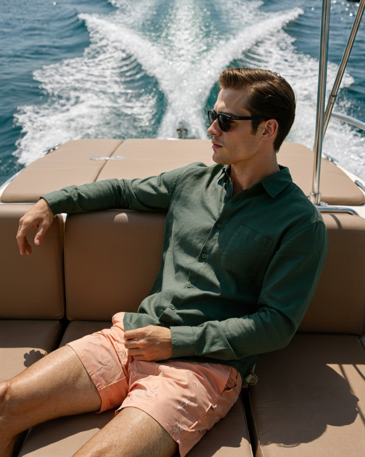 Men's Long-Sleeved Button Shirt With Single Chest Pocket - Green