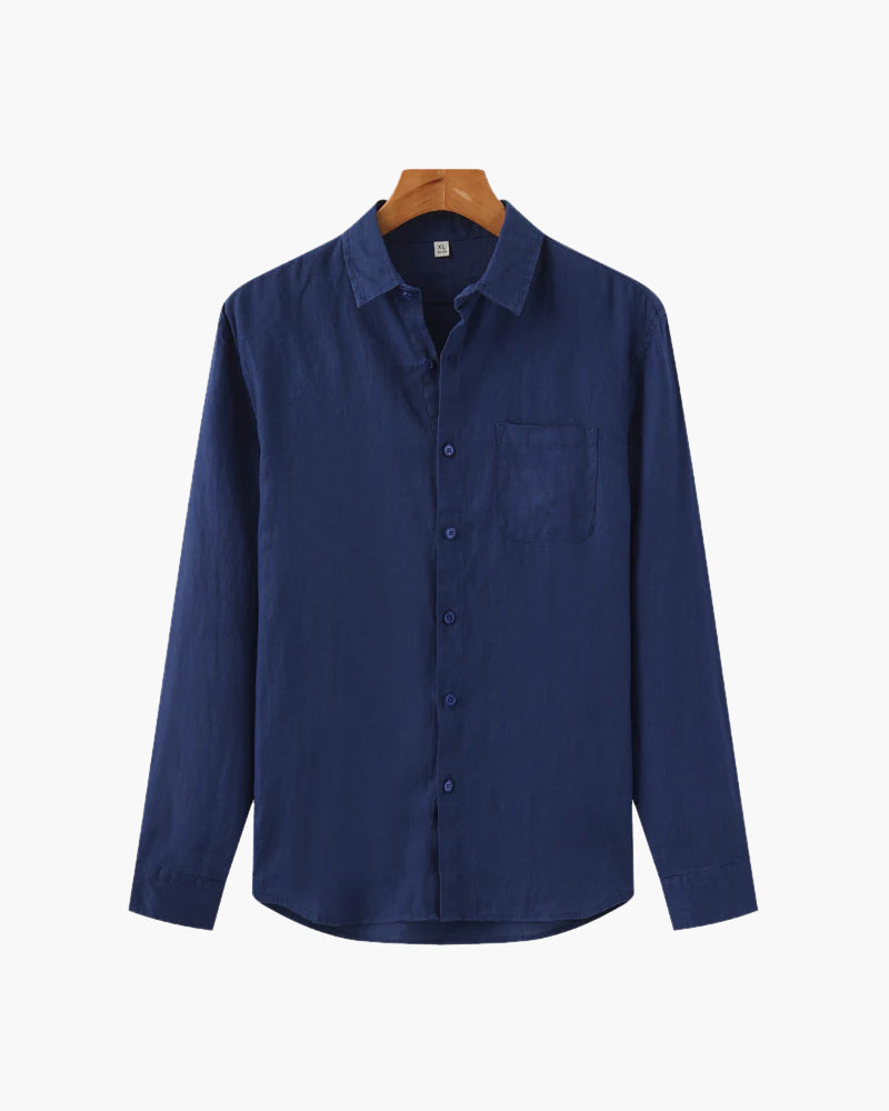 Men's Long-Sleeved Button Shirt With Single Chest Pocket - Blue