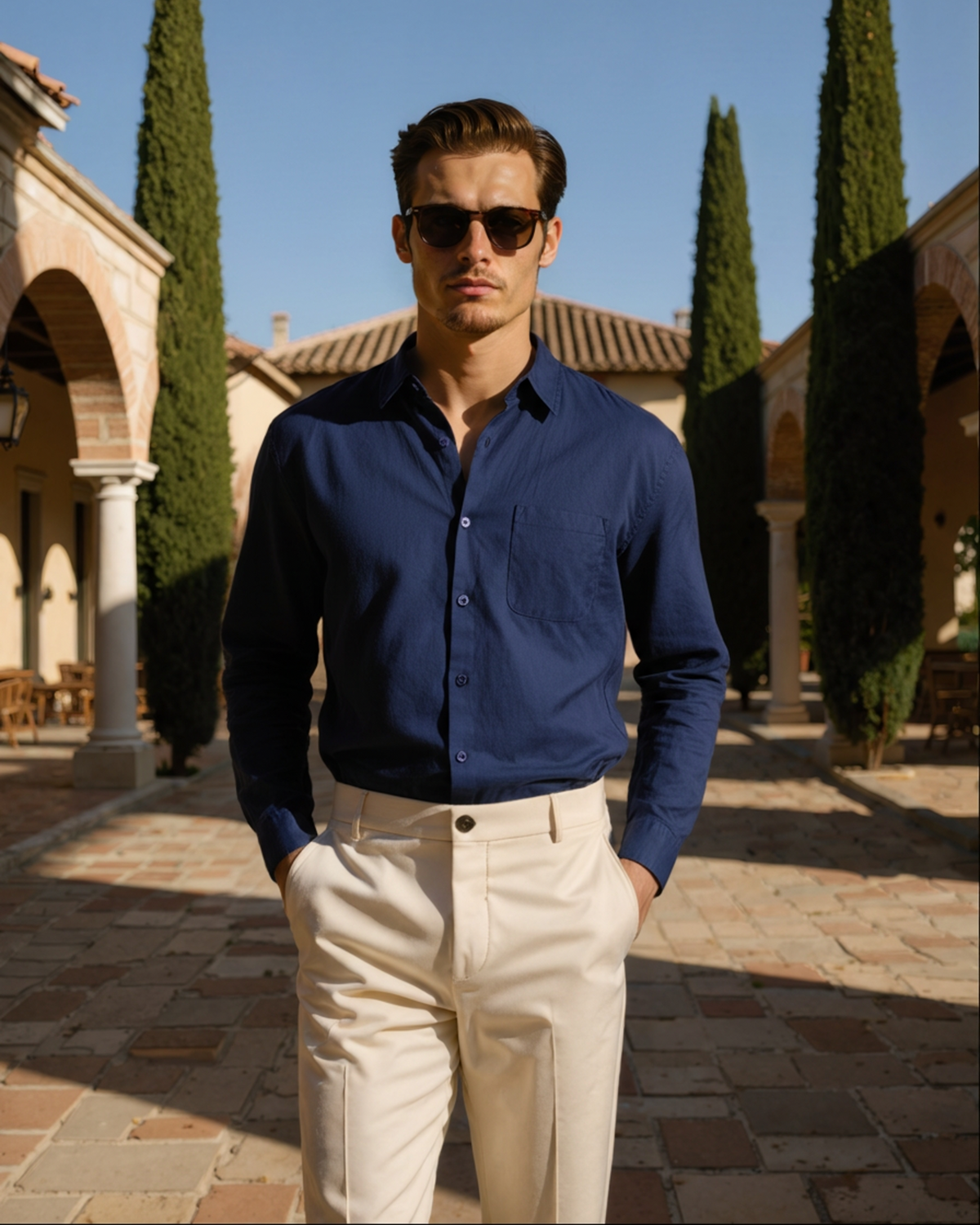Men's Long-Sleeved Button Shirt With Single Chest Pocket - Blue