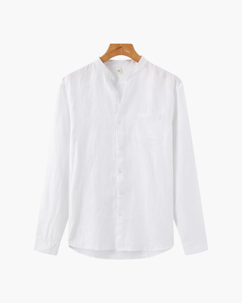 Men's Long-Sleeved Button Shirt With Single Chest Pocket - White