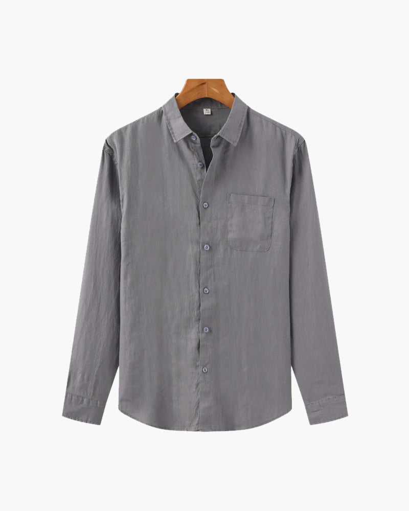 Men's Long-Sleeved Button Shirt With Single Chest Pocket - Grey