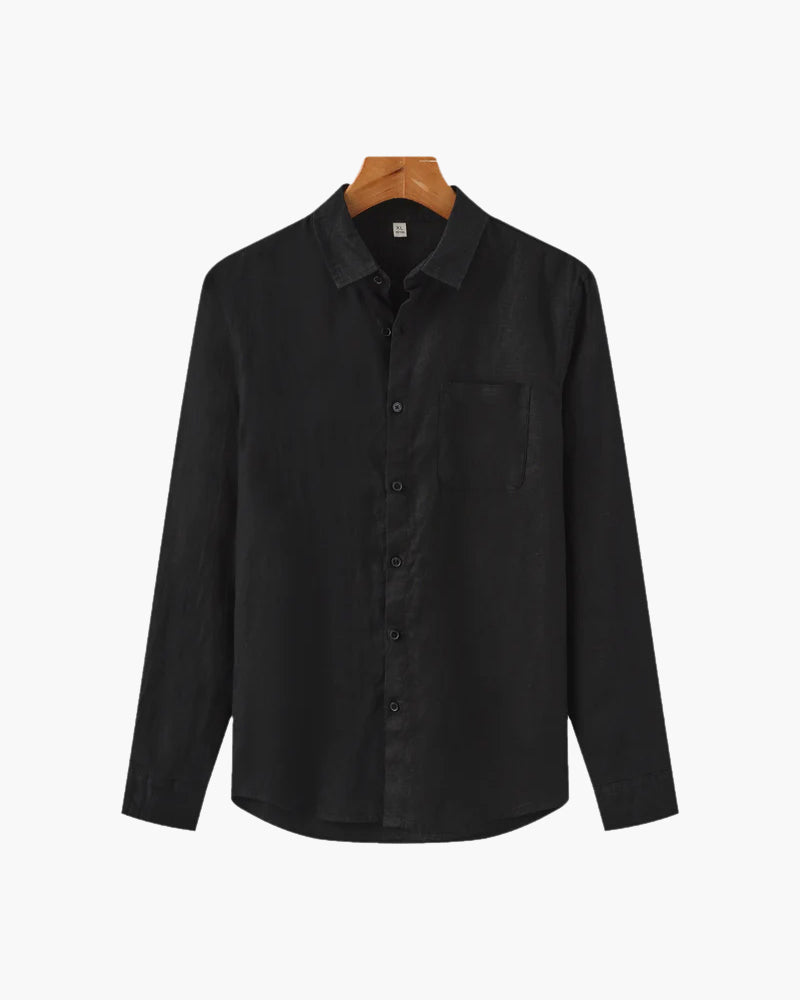 Men's Long-Sleeved Button Shirt With Single Chest Pocket - Black