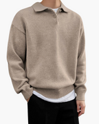 Men's Long-Sleeved Polo Jumper With Ribbed Hem And Cuffs - Beige