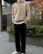 Men's Long-Sleeved Polo Jumper With Ribbed Hem And Cuffs - Beige