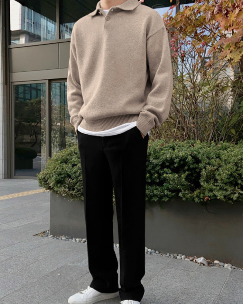 Men's Long-Sleeved Polo Jumper With Ribbed Hem And Cuffs - Beige