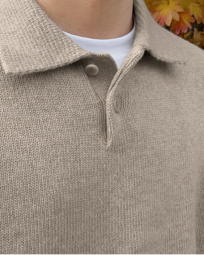 Men's Long-Sleeved Polo Jumper With Ribbed Hem And Cuffs - Beige