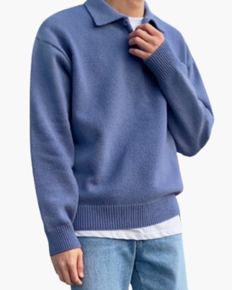Men's Long-Sleeved Polo Jumper With Ribbed Hem And Cuffs - Blue