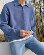 Men's Long-Sleeved Polo Jumper With Ribbed Hem And Cuffs - Blue