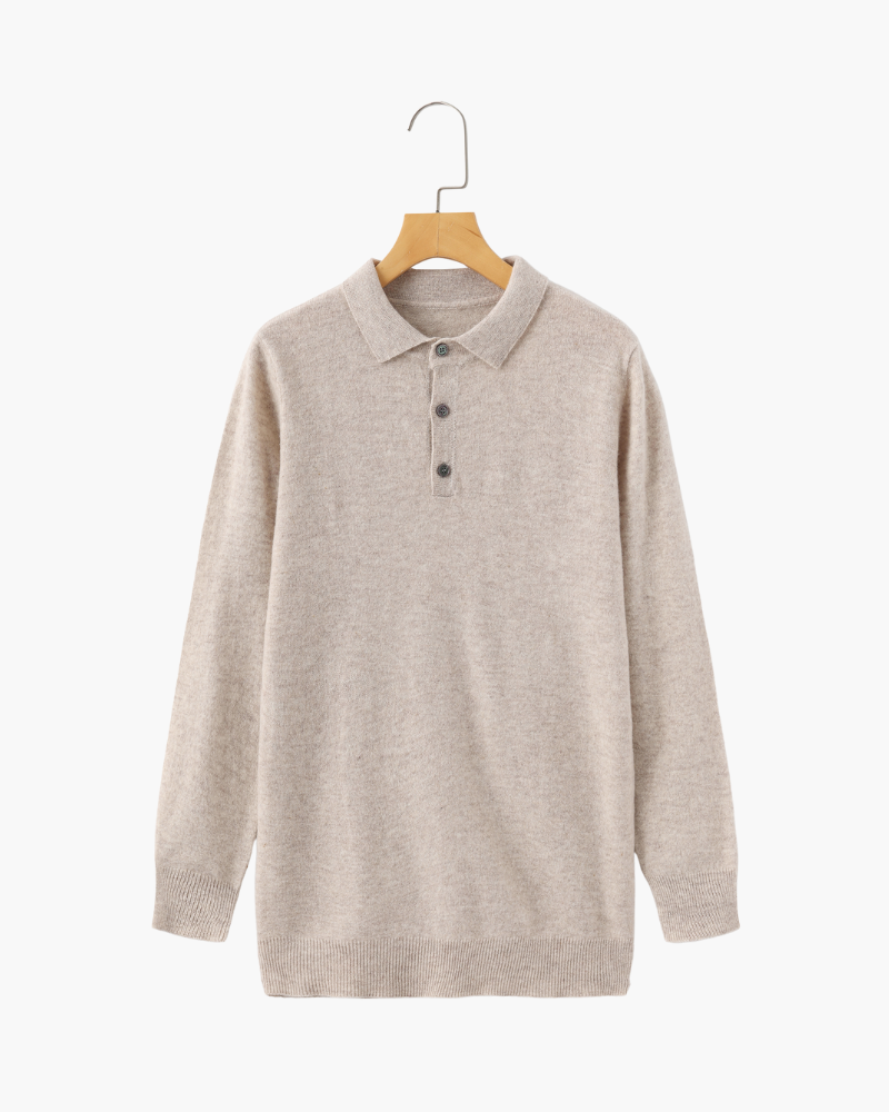 Men's Long-Sleeved Polo Jumper With Three-Button Neck - Beige