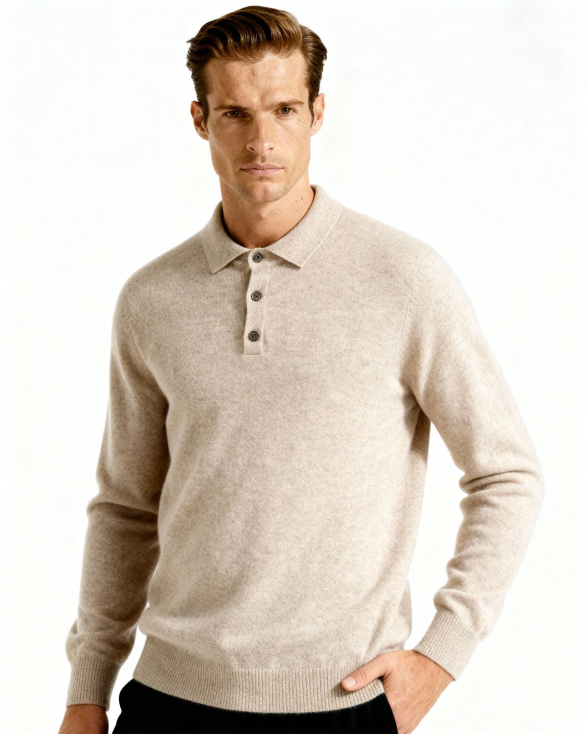 Men's Long-Sleeved Polo Jumper With Three-Button Neck - Beige