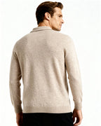 Men's Long-Sleeved Polo Jumper With Three-Button Neck - Beige