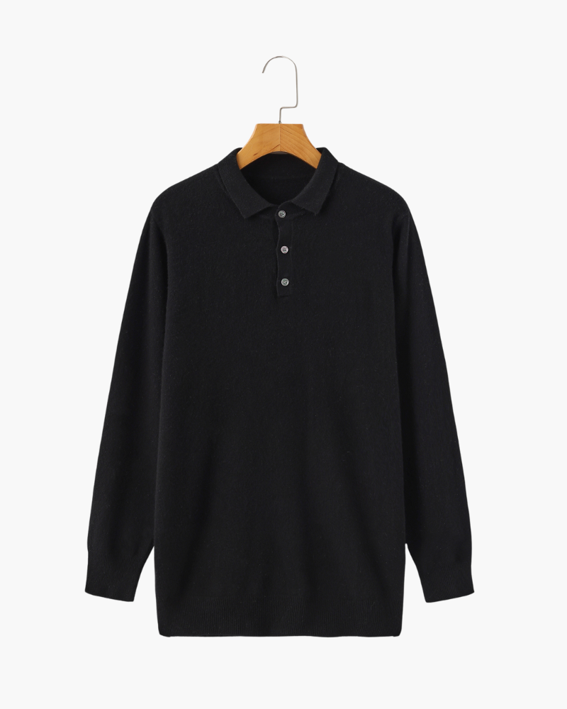 Men's Long-Sleeved Polo Jumper With Three-Button Neck - Black