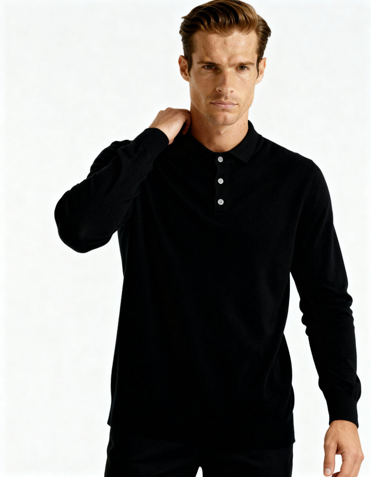 Men's Long-Sleeved Polo Jumper With Three-Button Neck - Black