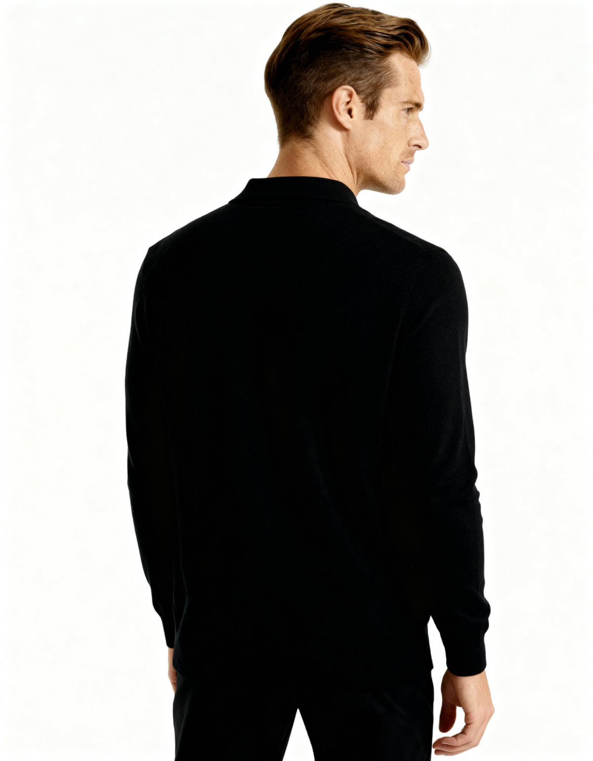 Men's Long-Sleeved Polo Jumper With Three-Button Neck - Black