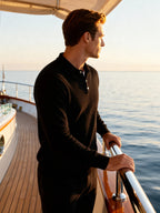 Men's Long-Sleeved Polo Jumper With Three-Button Neck - Black