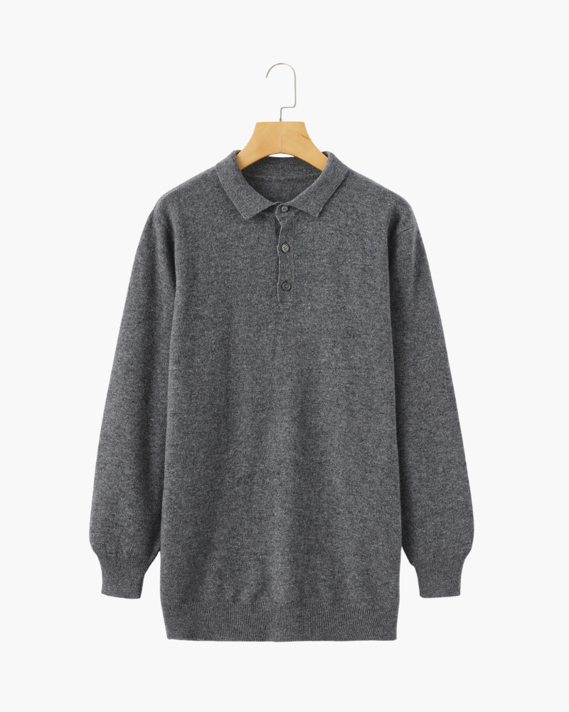 Men's Long-Sleeved Polo Jumper With Three-Button Neck - Light Grey