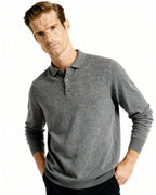 Men's Long-Sleeved Polo Jumper With Three-Button Neck - Light Grey
