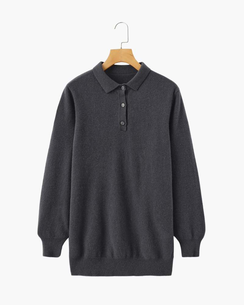 Men's Long-Sleeved Polo Jumper With Three-Button Neck - Dark Grey