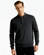 Men's Long-Sleeved Polo Jumper With Three-Button Neck - Dark Grey