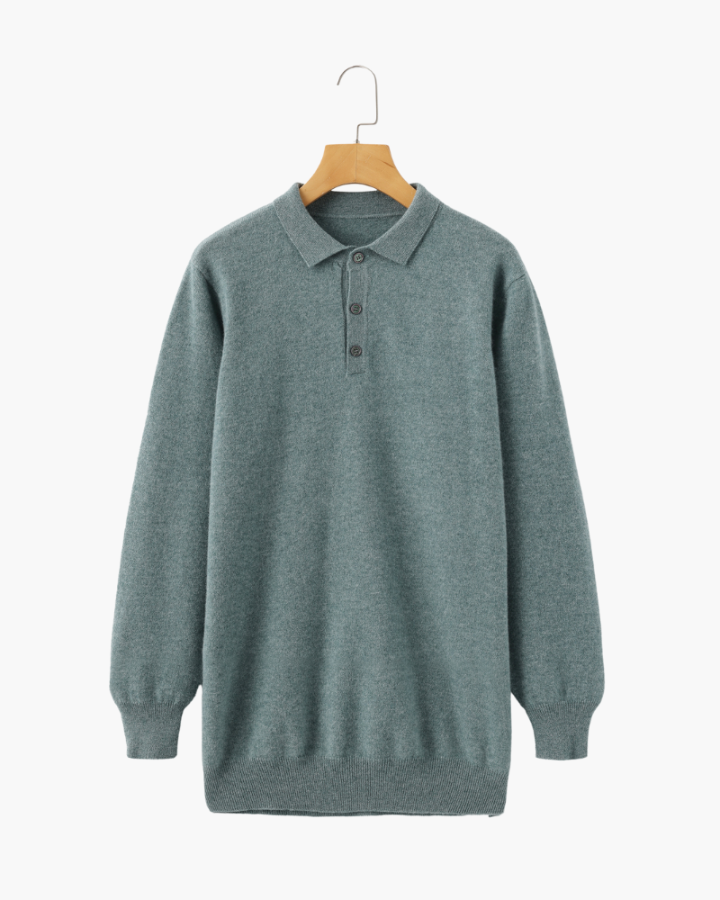 Men's Long-Sleeved Polo Jumper With Three-Button Neck - Green