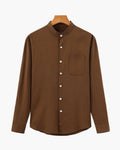 Men's Mandarin Collar Shirt With Chest Patch Pocket - Brown