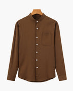 Men's Mandarin Collar Shirt With Chest Patch Pocket - Brown