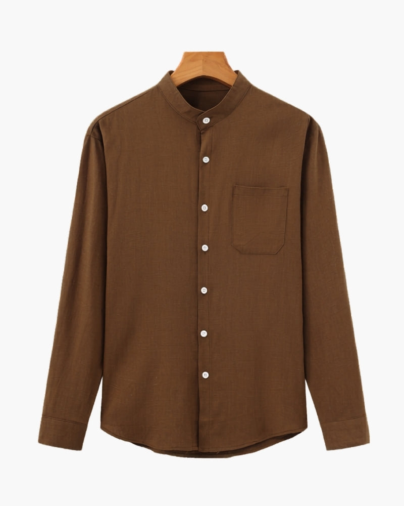 Men's Mandarin Collar Shirt With Chest Patch Pocket - Brown