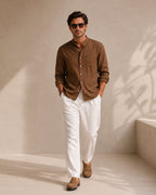 Men's Mandarin Collar Shirt With Chest Patch Pocket - Brown
