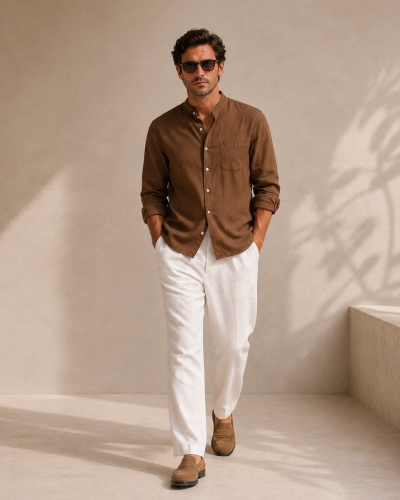 Men's Mandarin Collar Shirt With Chest Patch Pocket - Brown