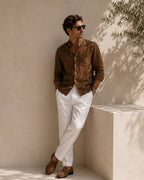 Men's Mandarin Collar Shirt With Chest Patch Pocket - Brown