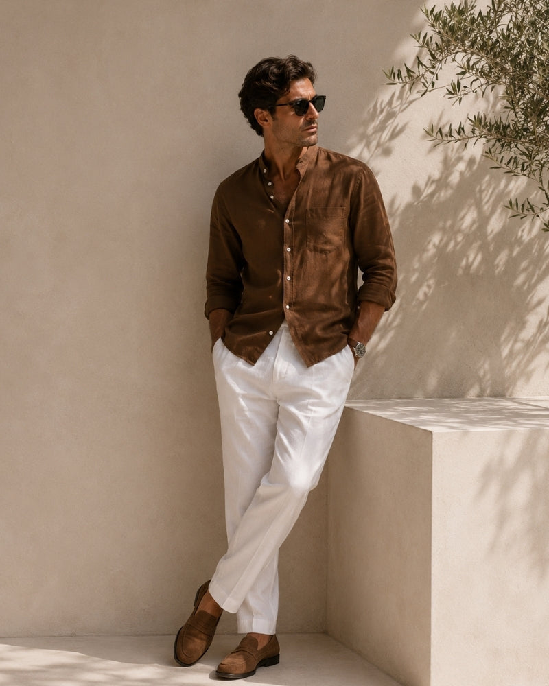 Men's Mandarin Collar Shirt With Chest Patch Pocket - Brown