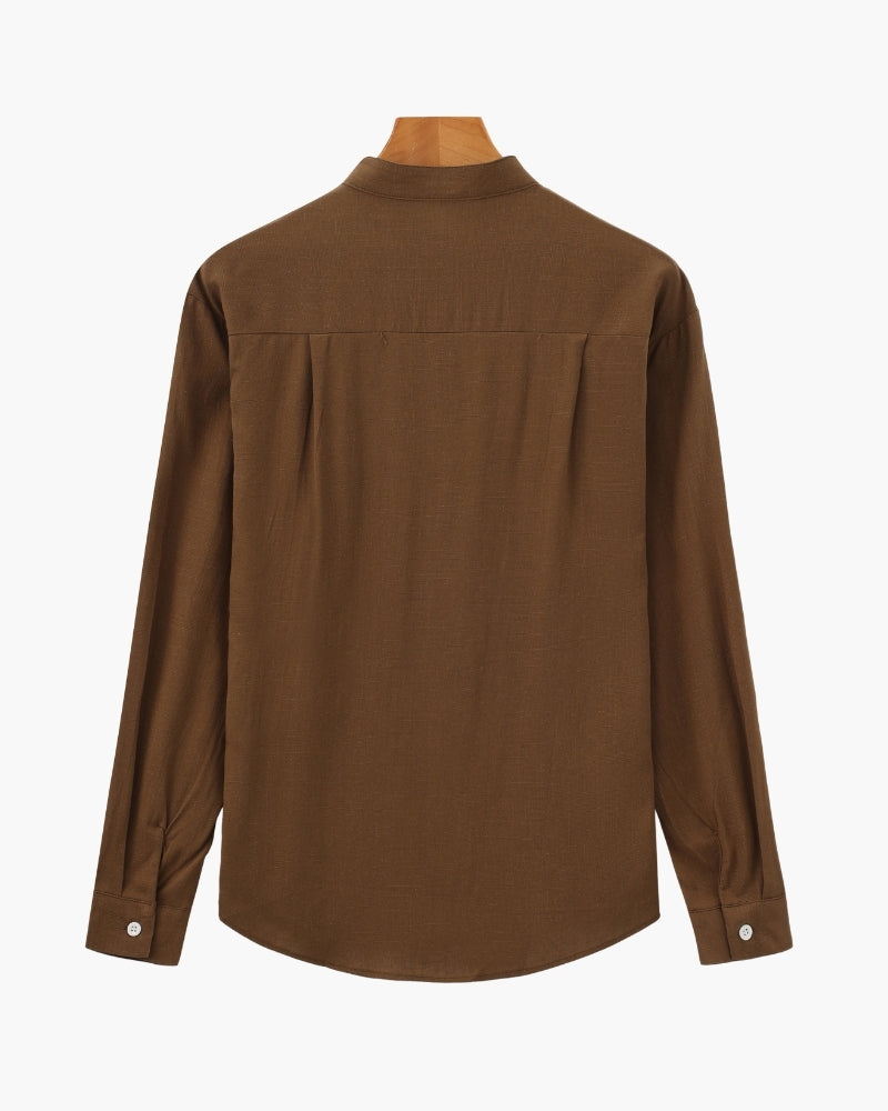 Men's Mandarin Collar Shirt With Chest Patch Pocket - Brown