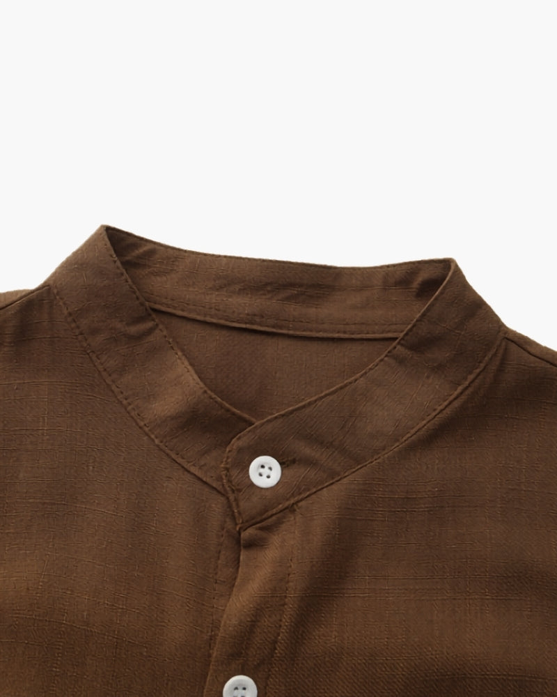 Men's Mandarin Collar Shirt With Chest Patch Pocket - Brown