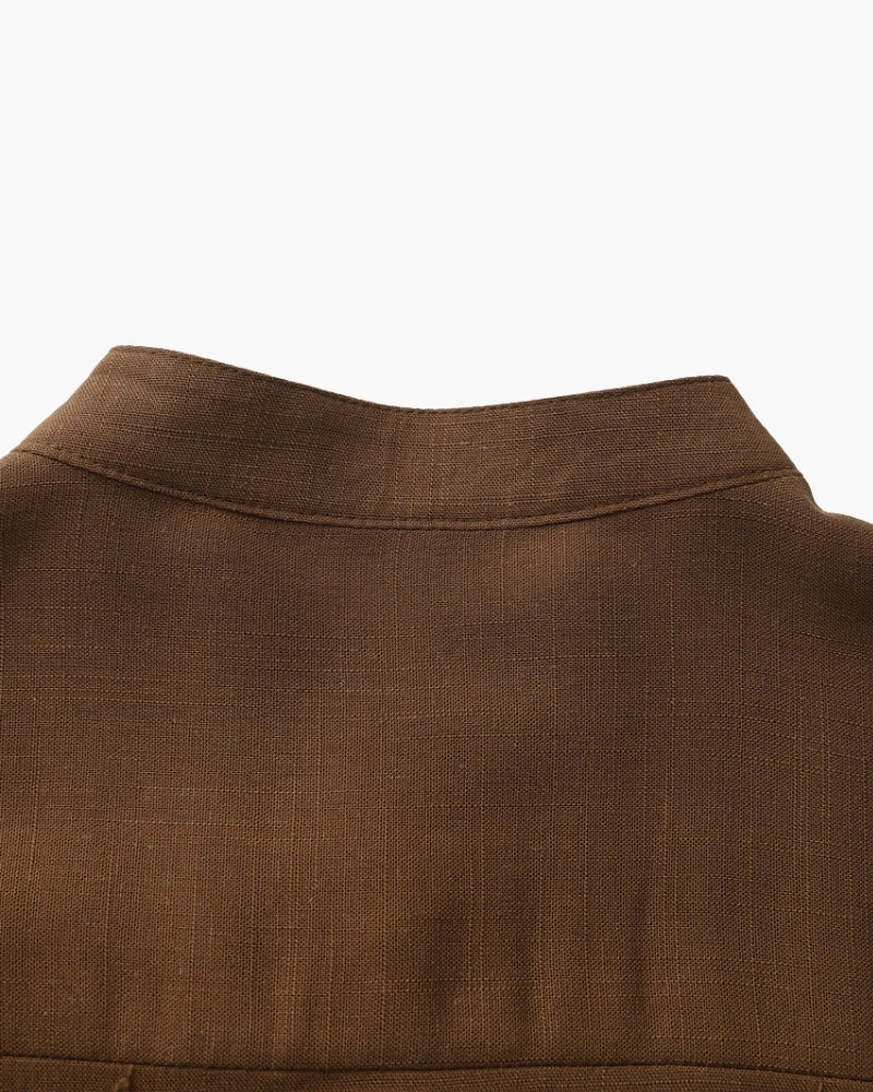 Men's Mandarin Collar Shirt With Chest Patch Pocket - Brown