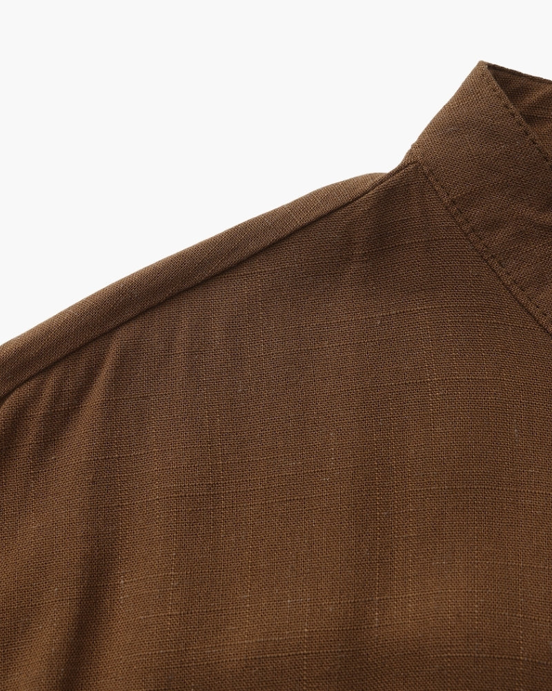 Men's Mandarin Collar Shirt With Chest Patch Pocket - Brown