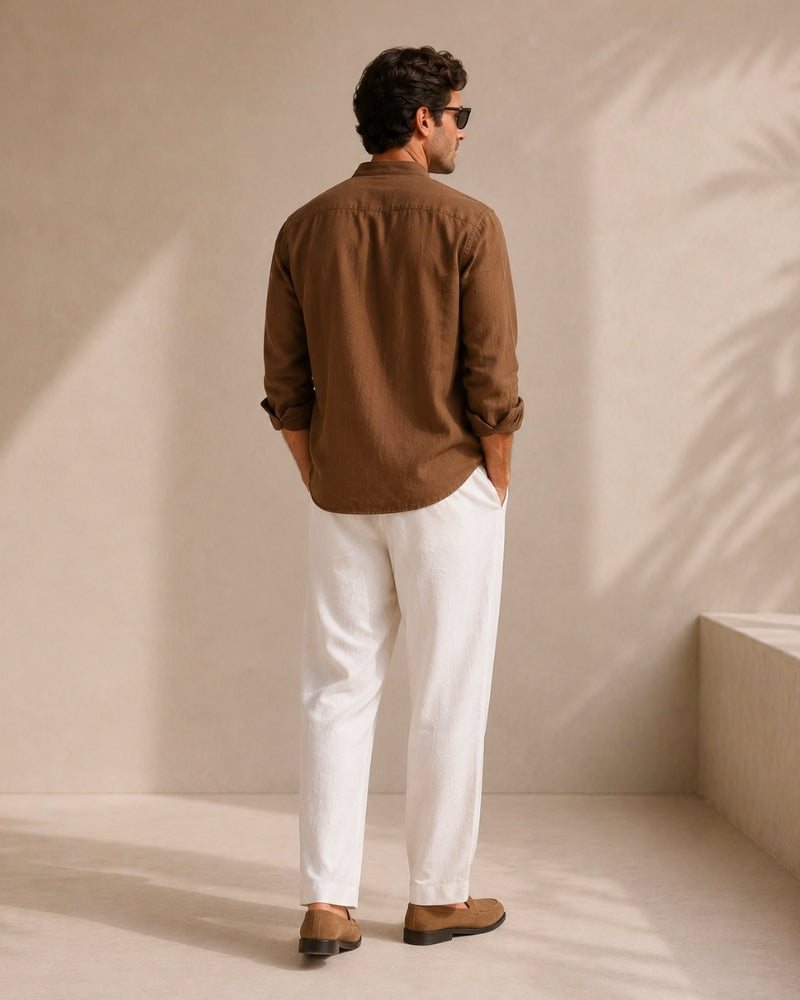 Men's Mandarin Collar Shirt With Chest Patch Pocket - Brown