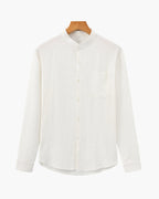 Men's Mandarin Collar Shirt With Chest Patch Pocket - White