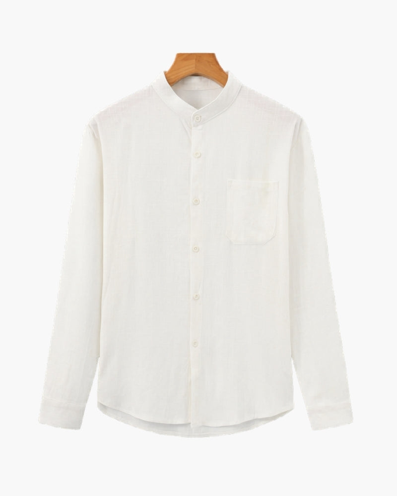 Men's Mandarin Collar Shirt With Chest Patch Pocket - White