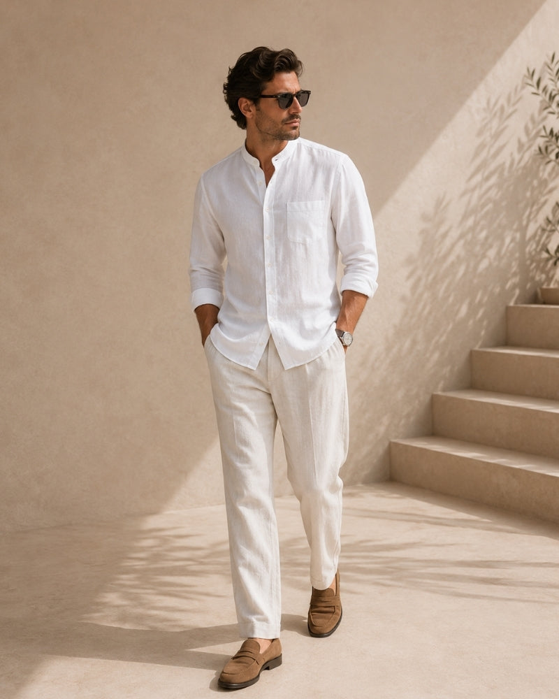 Men's Mandarin Collar Shirt With Chest Patch Pocket - White
