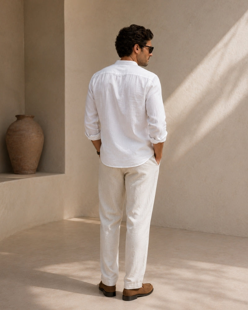Men's Mandarin Collar Shirt With Chest Patch Pocket - White